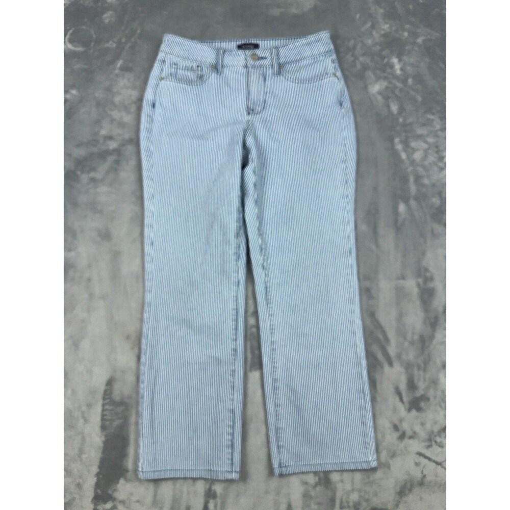 NYDJ Marilyn Straight Jeans Womens Size 0 Railroad Stripe Blue White Lift Tuck